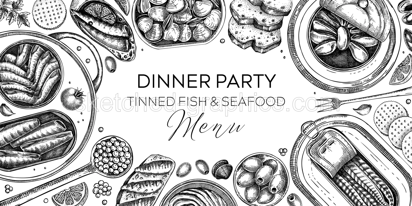 Canned fish frame design. Seafood background with hand drawn sardines, anchovy, mackerel, tuna, mussels in tin cans, fish canapes, olives, crackers and lemons sketches. Table view banner Illustration